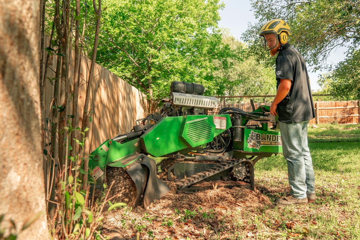 A self-propelled stump grinder clearing a tree stump in a residential backyard